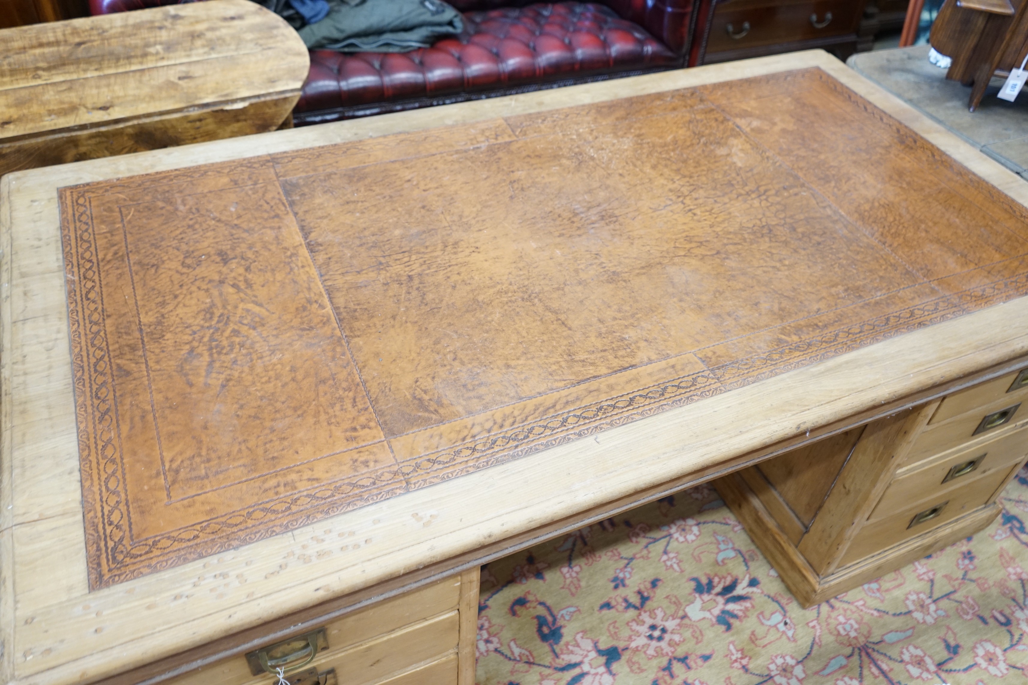 A Victorian and later military style pine pedestal desk, width 182cm, depth 98cm, height 76cm